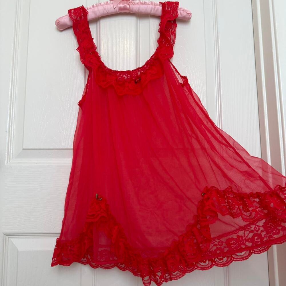 70s Fairy Vintage Red Sheer Chiffon Babydoll and Peignoir Set Tosca Style Sz M L